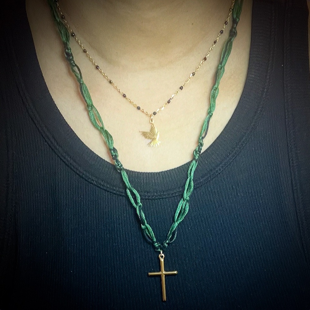 NEW Emerald Green&Black HandWoven Cotton Rope w Enamel Beaded Chain w Dove - Picture 3 of 3